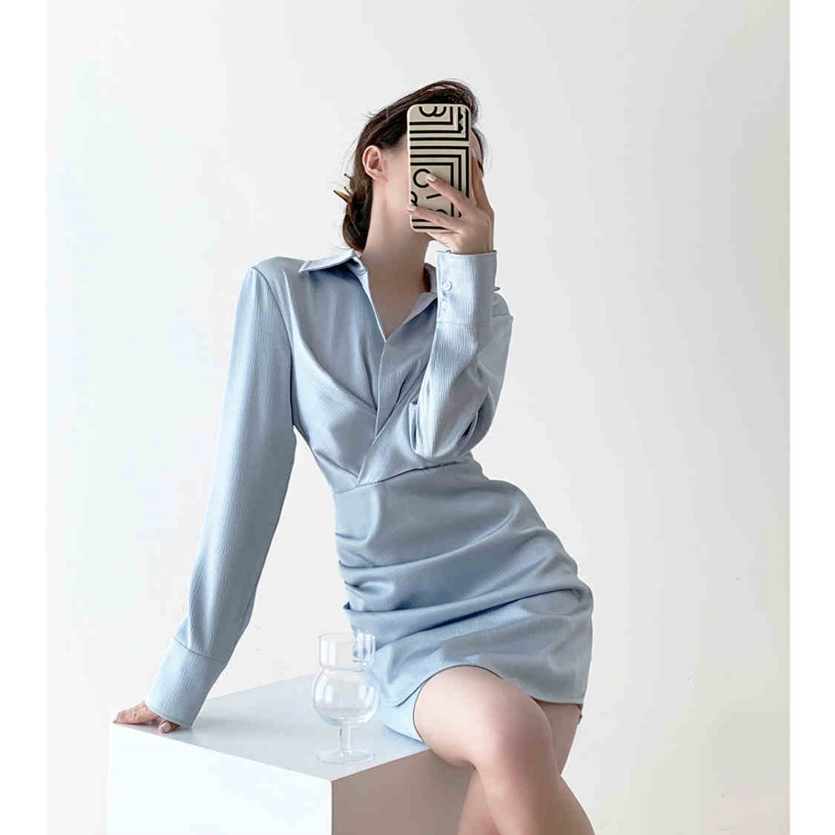 블루 새틴 셔츠 랩 셔링 원피스 실크 긴팔 봄 하객룩 30대 데일리룩 코디