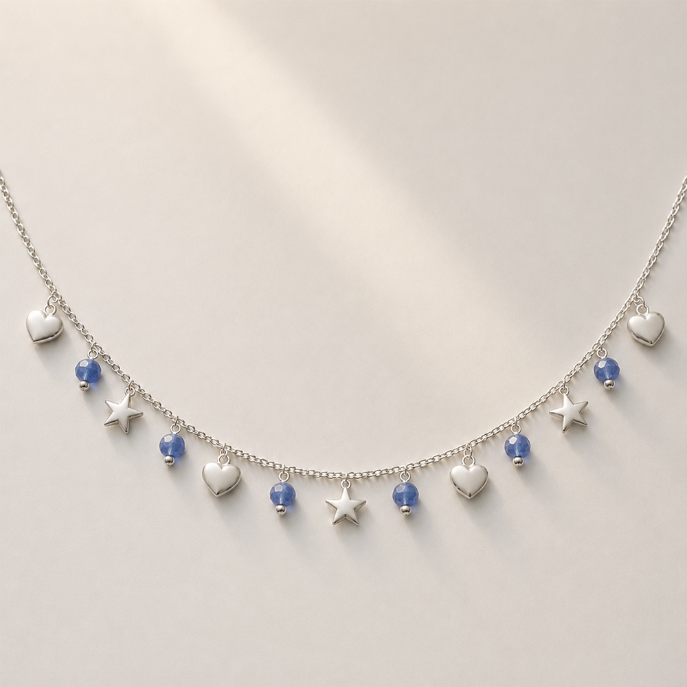 칼세도니 블루 멀티 참 목걸이 silver 925 + 14k gold plated