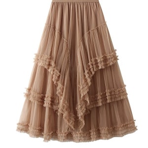 끝단말끔손질 풍성 자수 시스루롱 샤스커트 레이스 망사 플레어치마 A라인