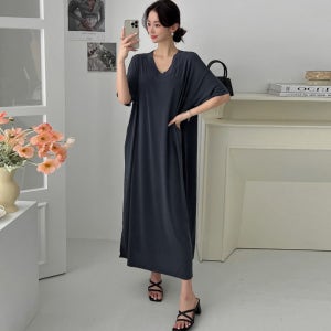 봄 여름 50대 중년여성 엄마옷 시원한 쿨 아이스 브이넥 빅사이즈 반팔 롱 원피스