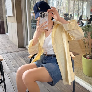 옐로우 스트라이프 오버핏 셔츠