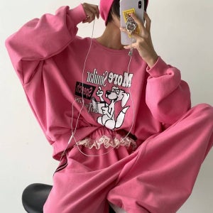 보니따스 모어 피그 프린팅 맨투맨 루즈핏 그래픽 긴팔 스웻셔츠 티셔츠/ 핑크 그린