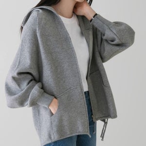 봄 니트 후드가디건 루즈핏 자켓가디건 니트아우터 스판 집업 블랙 아이보리