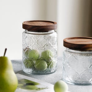 아카시아 우드 레트로 유리 캐니스터 예쁜 밀폐 저장 보관 용기 원형 소