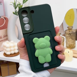 곰돌이그립 톡거치대 풀커버 카메라보호 젤리 실리콘 카드 케이스 그린, 갤럭시S22 플러스