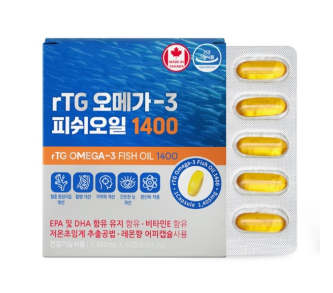네이처그랜드 rTG <b>오메가3</b> 피쉬오일1400 84.3g(1405mg x 60캡슐) 2개월분