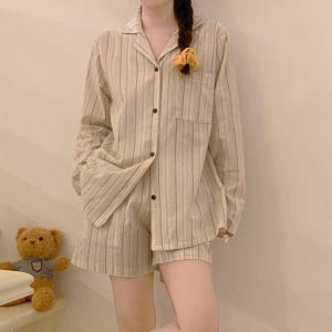 샌드 클래식 긴팔 반바지 줄무늬 잠옷 면 빅사이즈 넉넉한 여름 이지웨어 파자마