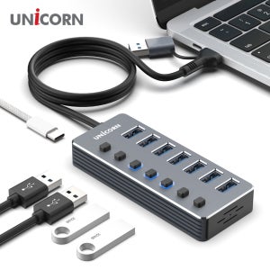 유니콘 USB3.2 Gen1 7포트 USB허브 개별전원스위치 케이블길이1.2M NH-700SW