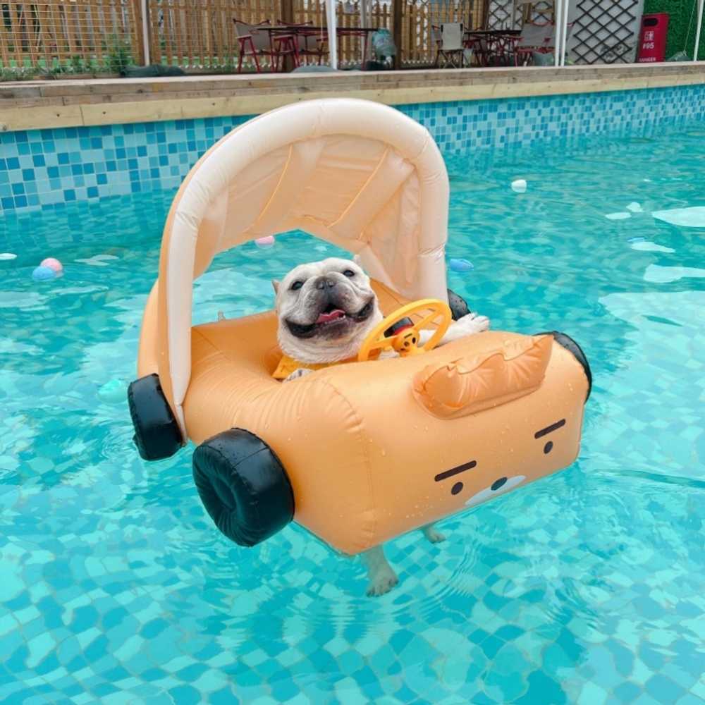 애견튜브 강아지 튜브 반려동물 소형 대형견 뗏목 후드가 달린 노란색 자동차 (펌프 함께 제공)