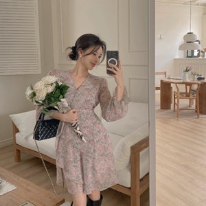 [에이치유/하늘하늘/랩디자인/플라워패턴/하객원피스/데이트룩/러블리] 노즈 플라워 랩 원피스 OPS