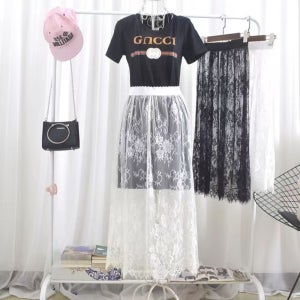 망사 시스루 플라워 레이스 레이어드 밴딩 스커트
