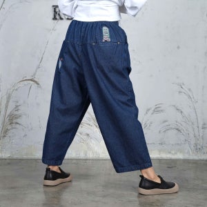 시계자수 진청 밴딩 통 청바지 데일리 봄가을 여자 프리사이즈 미시 워싱 밴딩 배기