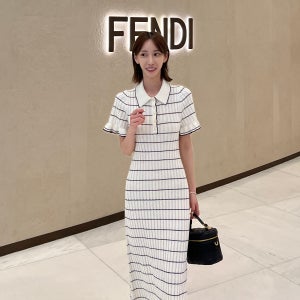 니트원피스 폴로 반팔 프릴 맥시 롱 스트라이프 원피스 듀엘로 여름 휴양지 데일리룩