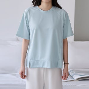 봄 여름 미시룩 뒷쪽 주름 절개 디테일 A라인 훌티 박시핏 라운드넥 무지 반팔 티셔츠