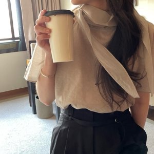 (당일)브론즈 이프 블라우스 하이넥 반목 여름 반팔 타이 블라우스 은은한 비침있는 시스루