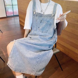 롱청스커트 연청치마 멜빵치마 앞트임