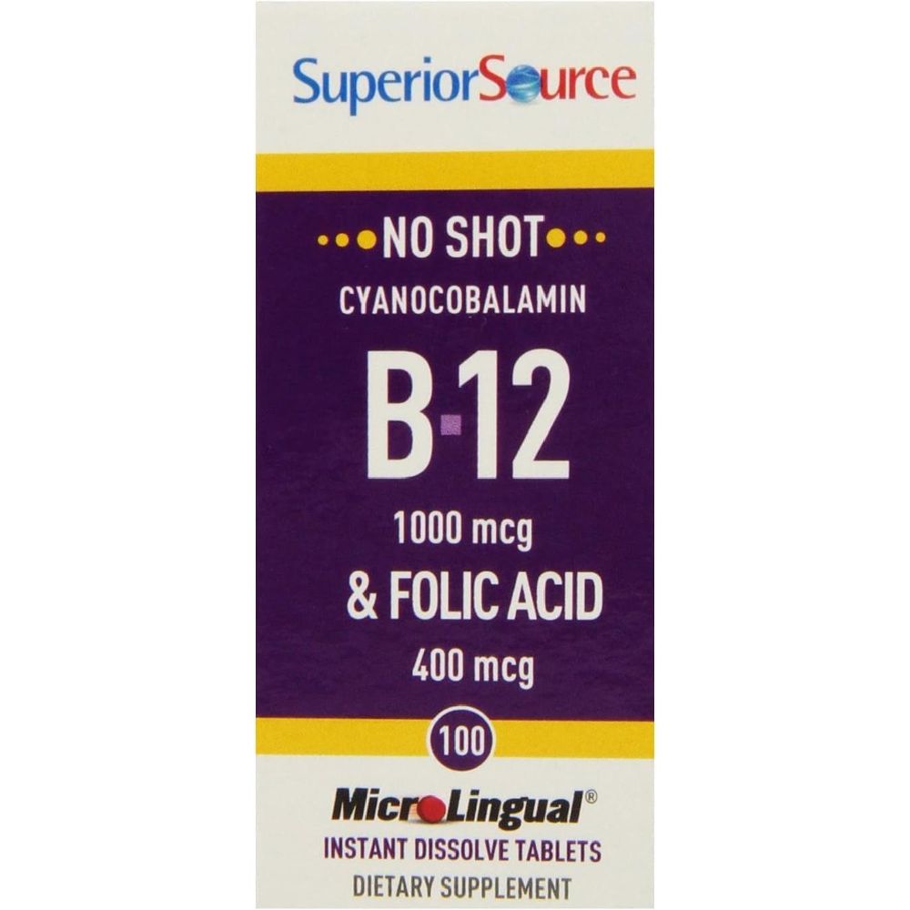 <b>슈페리어 소스</b> 노 샷 비타민 B-12 시아노코발라민 1000 mcg 엽산 400mcg 100 설하 용해 정제