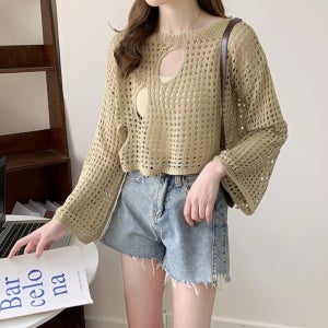 망사니트 여름그물니트 크롭그물 프로텍트 구멍 시스루 루즈핏 레이어드 니드 긴팔 여성 티셔츠