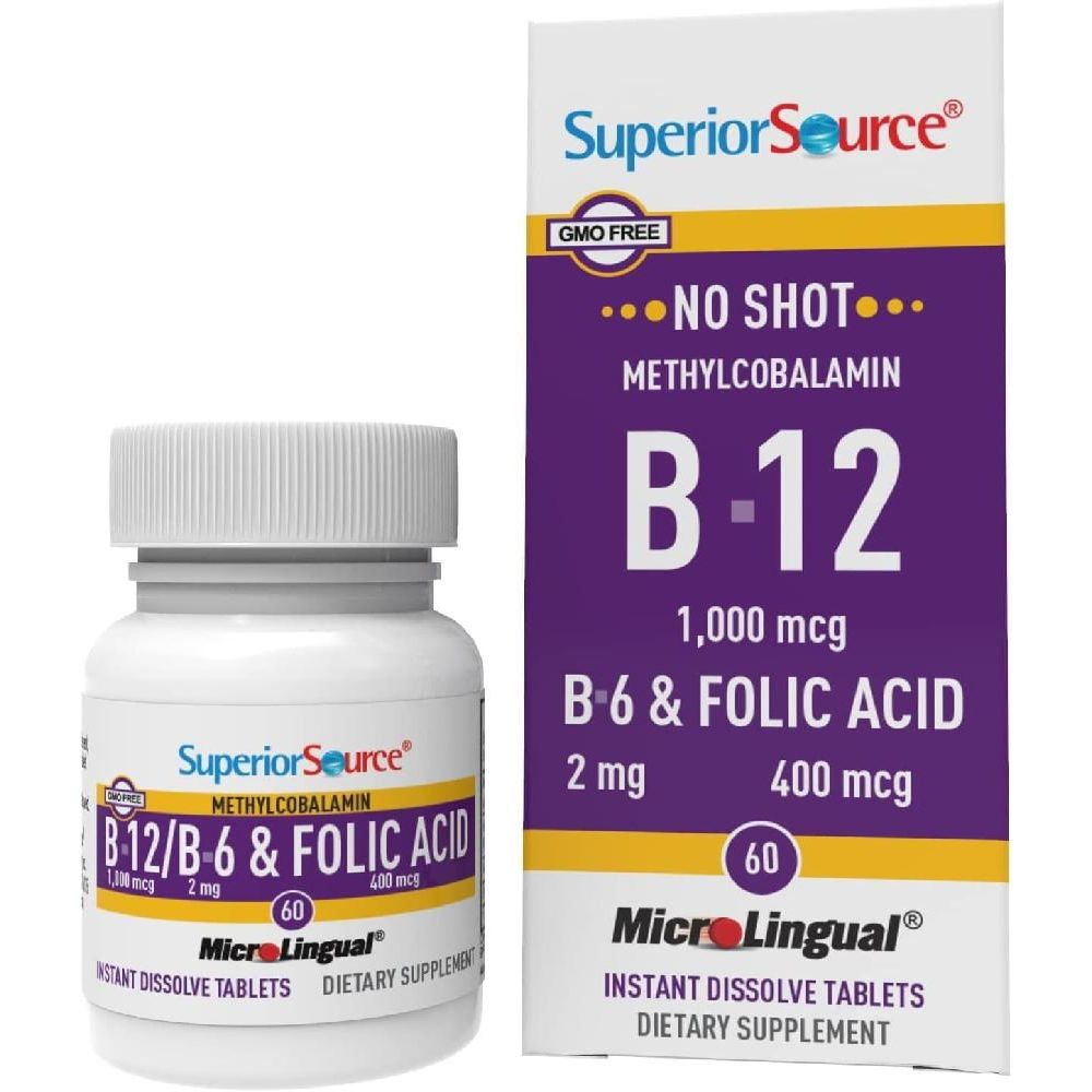 <b>슈페리어 소스</b> 노 샷 비타민 B-12 메틸코발라민 1000 mcg B-6 엽산 400mcg 60 설하 용해 정제
