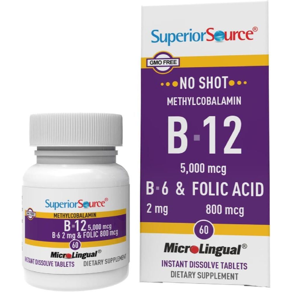 <b>슈페리어 소스</b> 노샷 비타민 B12 메틸코발라민 (5000 mcg) B6 엽산 빠르게 용해되는 설하 정제 60 캐럿