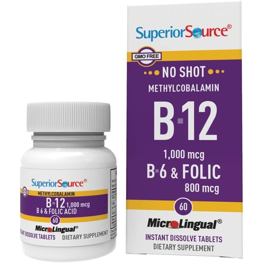 <b>슈페리어 소스</b> 노 샷 비타민 B-12 메틸코발라민 1000 mcg B-6 엽산 800 60 설하 용해 정제