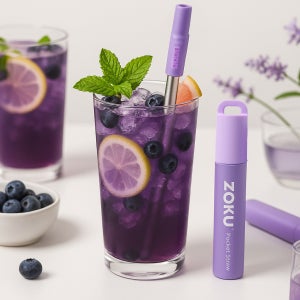 조쿠 리유저블 포켓스텐빨대 세척브러쉬 세트 퍼플 휴대용 실리콘 텀블러 스트로우