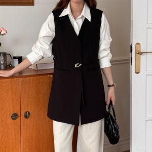 빅사이즈 금속 끼움 끈 히든단추 디테일 브이넥 정장 베스트 ~5XL 자체제작