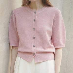 봄 여름 깔끔한 여성 라운드넥 5부 볼륨소매 샤이닝 펄 니트 가디건(4컬러)