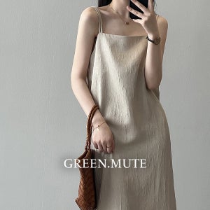 드뮤어 링클 주름 뷔스티에 끈나시 슬립 롱원피스 H라인 맥시 봄 여름 휴양지 그린뮤트