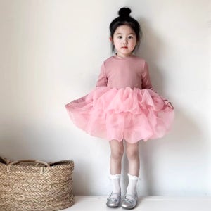 골지 긴팔 튜튜 샤 원피스 여아 유아 아기 공주 레이어드 발레리나 스커트 핑크