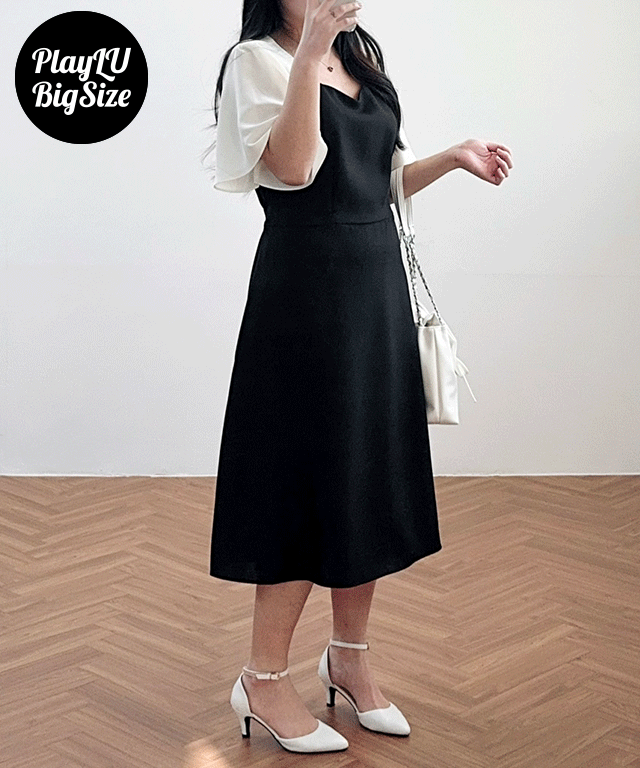 [2SIZE~4XL] 윙스 배색 빅사이즈롱원피스 (크림 블랙)