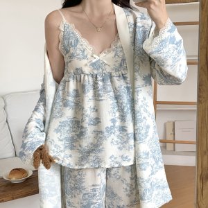 티티리 뜨왈 수채화 로브 탈부착 브라캡 내장 노브라 끈 나시 간절기 파자마 쓰리피스 잠옷