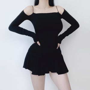 어깨트임 끈 오프숄더 셔링 긴팔티 3color 차콜 퍼플 블랙 보라색 방송 댄스 무대 공연 발레 무용 의상