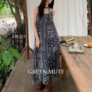 레이 보헤미안 페이즐리 뷔스티에 끈나시 롱원피스 비치원피스 여름 휴양지 그린뮤트