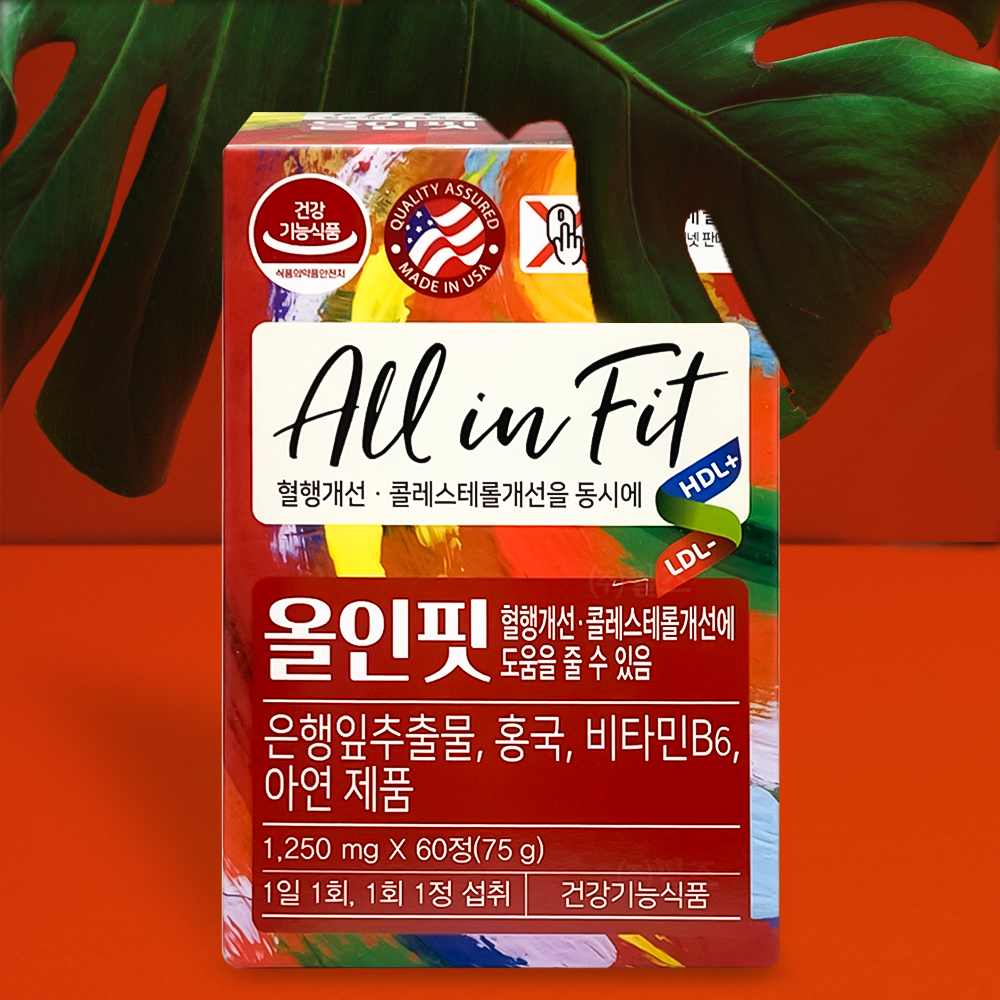 <b>부광약품</b> 올인핏 60정 은행잎추출물 혈행 <b>콜레스테롤</b> 기억력 개선 비타민B 홍국 아연 면역