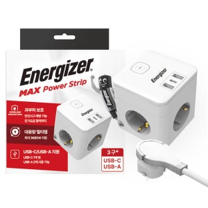 에너자이저 멀티탭 큐브 납작헤드 4000W 고용량 USB-A/C 3구, 1.5m, 1개