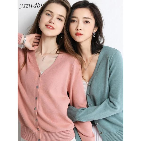 여성 봄 가디건 여름 고급 니트 <b>브이</b>넥 오버핏 캐시미어 블라우스 데일리 라운드 나들이 롱 숏 긴팔 데이트 소개팅 하객룩 출근룩 미니멀룩 YSZWDBLX 가을 싱글 브레스트 <b>v</b> 넥