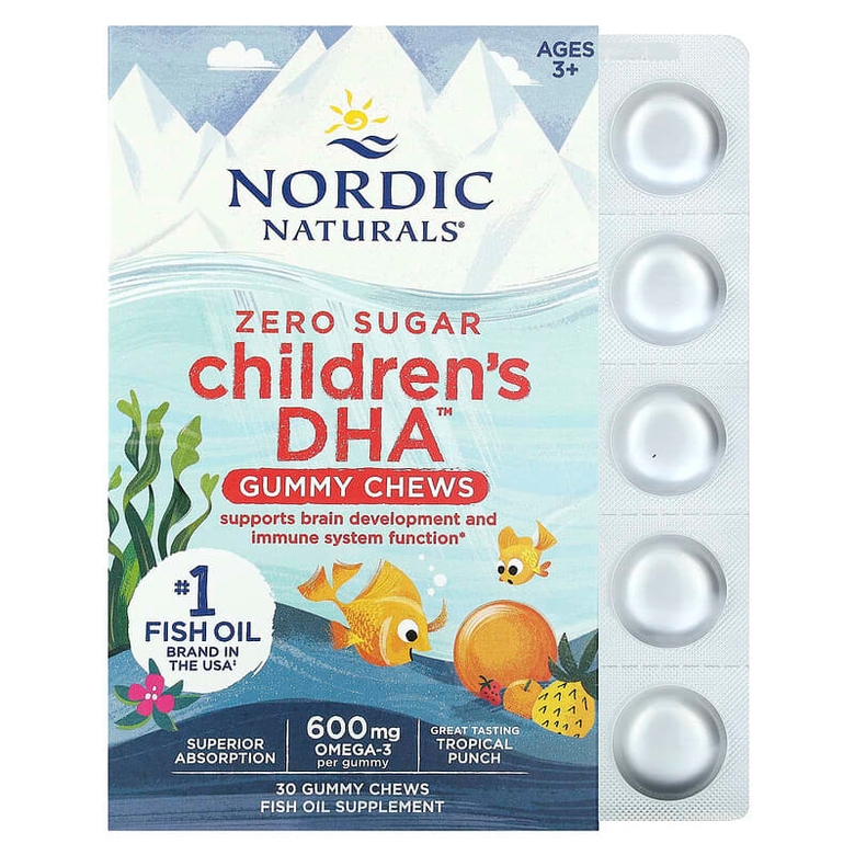노르딕 내추럴스 제로 슈가 어린이 <b>DHA</b> <b>600mg</b> 트로피칼 펀치 맛 30 <b>구미</b>츄