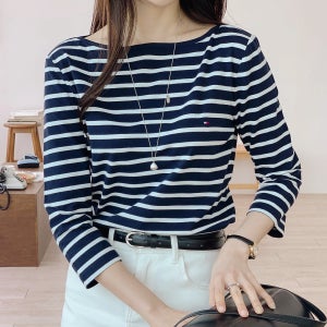 타미힐피거 여성 스트라이프 칠부 보트넥 티셔츠