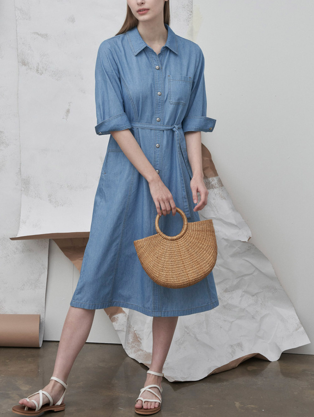 올리비아로렌 [봄여름특가] 롱 데님 반팔 청원피스