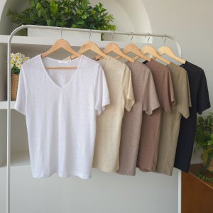 여성 린넨 브이넥 루즈핏 티셔츠 여름티