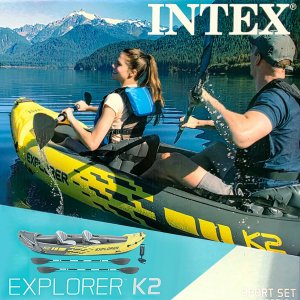 인텍스 Explorer 카약 펌프 패들 세트 2인 에어 고무보트 카누 물놀이 수상 스포츠