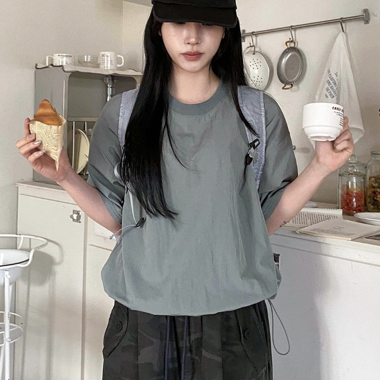 봄 여름 무지 심플룩 밑단 스트링 골프 여행 휴가 나들이룩 바스락 아노락 반팔 티셔츠