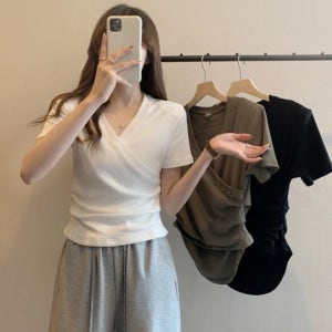 여성 무지 브이넥 셔링 면 모달 반팔 티셔츠 기본티