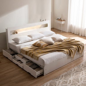 삼익가구 레이즈 LED 4단 수납 라지킹 침대 독립형스프링, 화이트