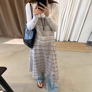 [라벤더 당일배송] 2786. 레이어드 체크 시스루 끈조절 데일리 캐쥬얼 꾸안꾸 바캉스룩 휴가룩 나시 롱 원피스 - 라벤더, 소라