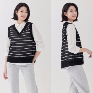 지센 [25SS] 여성 스트라이프 브이넥 스웨터 니트 베스트 LCKTP421 BK