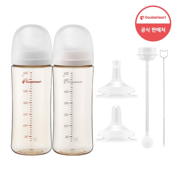 더블하트 모유실감 3세대 330ml 트윈 빨대컵세트 (젖병2+빨대꼭지+추빨대&브러시2)