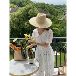 여성 펀칭 자수 퍼프소매 원피스 봄 여름 레이스 브로더리 롱 원피스 화이트 S