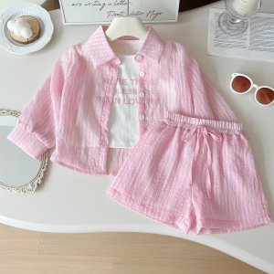 초등여아 아기 키즈 아동 줄무늬 카라 긴팔셔츠 민소매 반바지 3종상하복세트